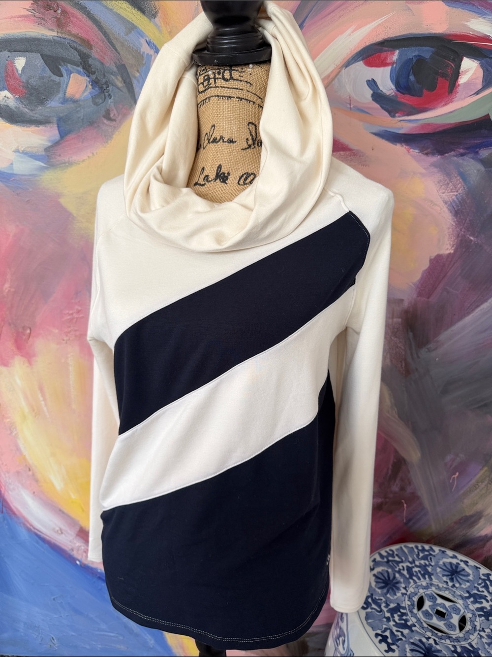 Ralph Lauren Ivory and Black Diagonal Stripe Cowl Hoodie Top